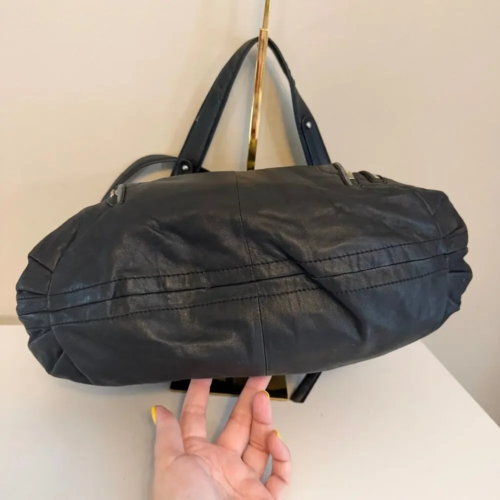 Perlina Hobo Shoulder Bag OS Black Leather Multi Pocket Shoulder Purse Slouchy